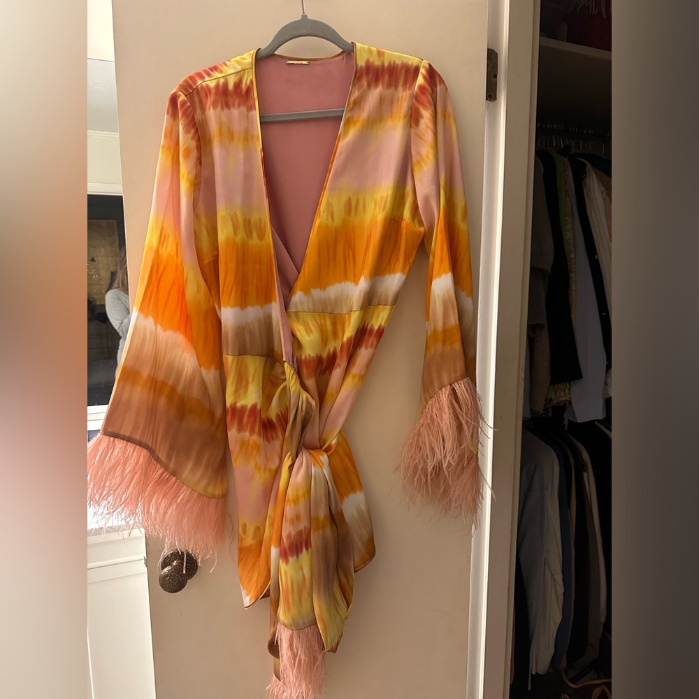 Alexis Viona Feather-Trim Mini Wrap Dress LARGE - Picture 3 of 7
